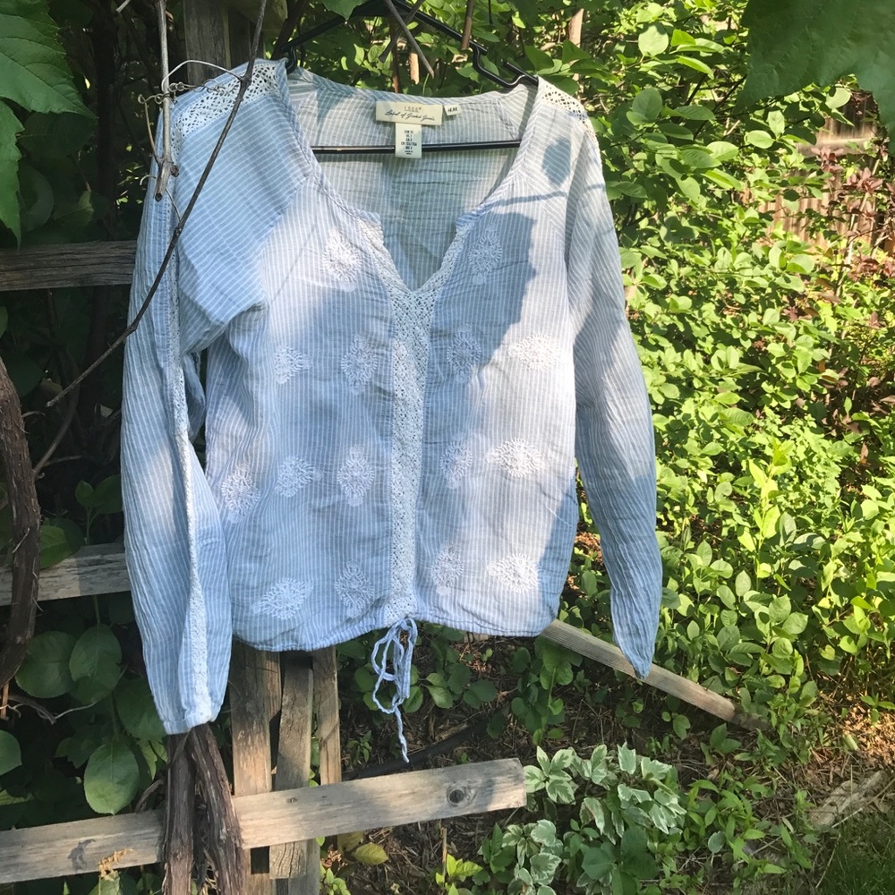 Long sleeved, blue lace shirt.