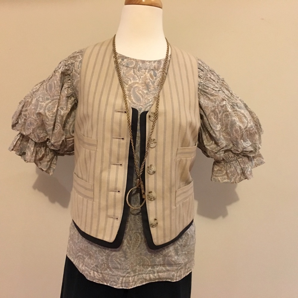 Paisley print cotton blouse and pin stripe vest
