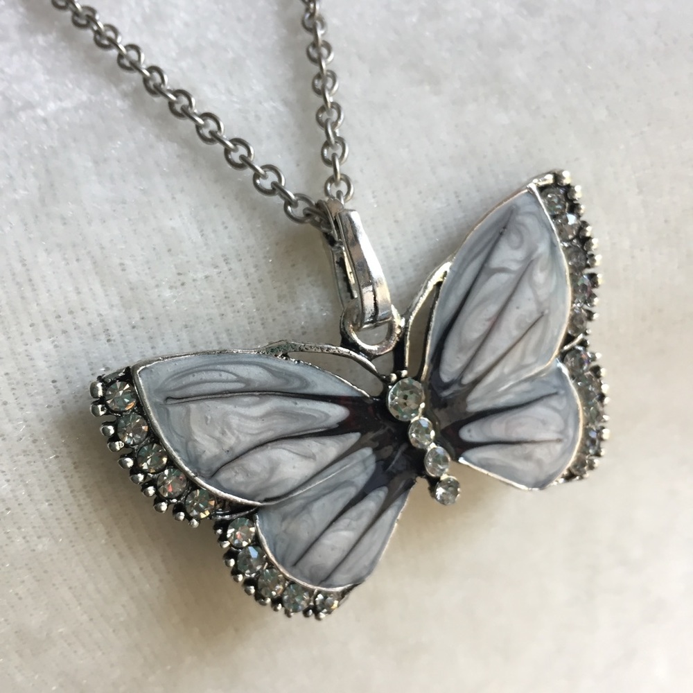 BOGO Butterfly rhinestone pendant necklace silver
