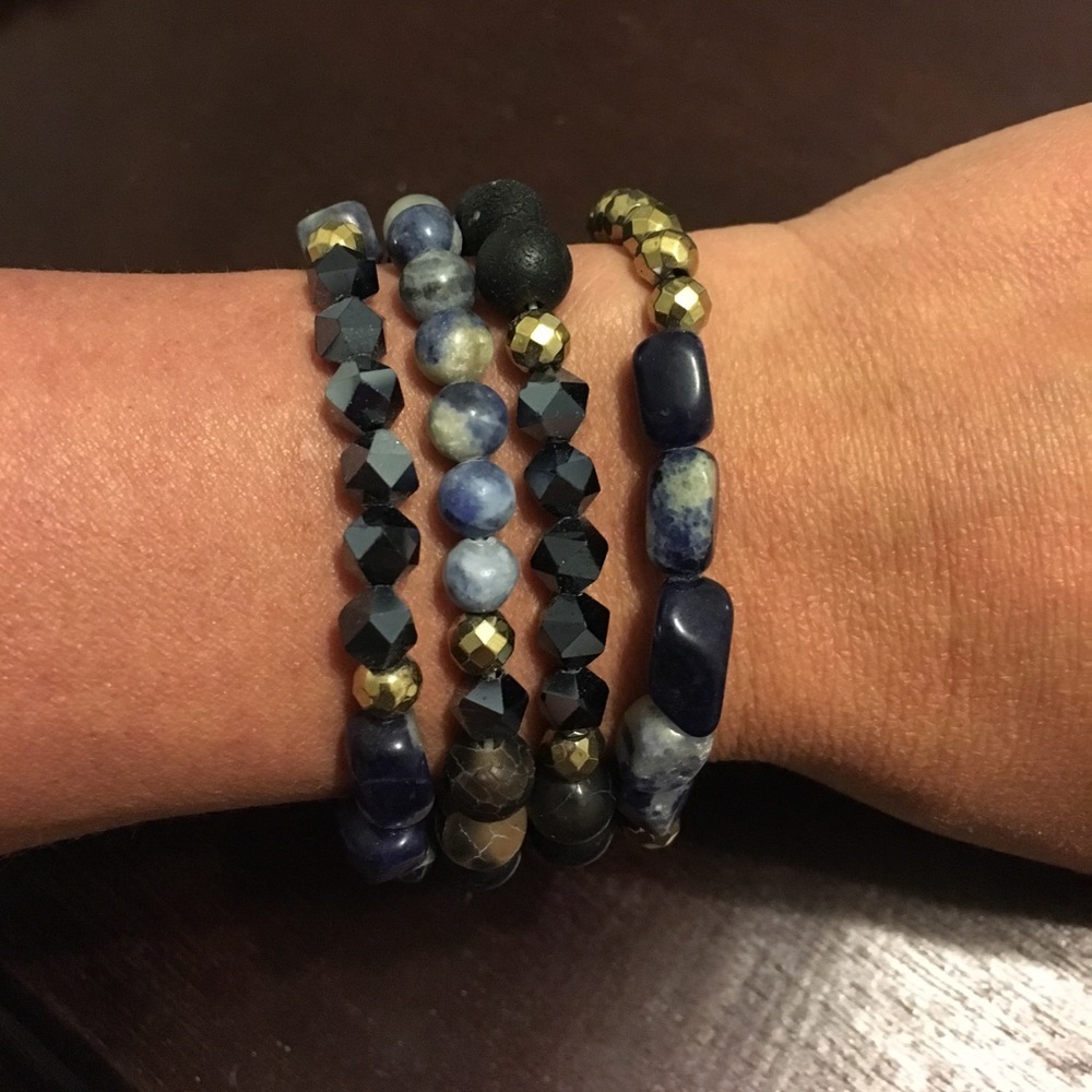 Beaded blue and gold bracelets- set of 4