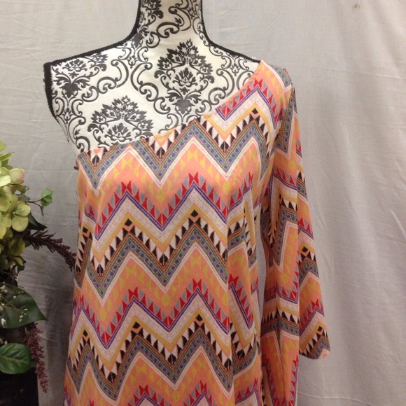 Chevron One Shoulder Bell Sleeve Mini Dress - Picture 3 of 4