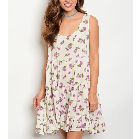 SALElow back ivory floral tunic dress - Picture 3 of 3