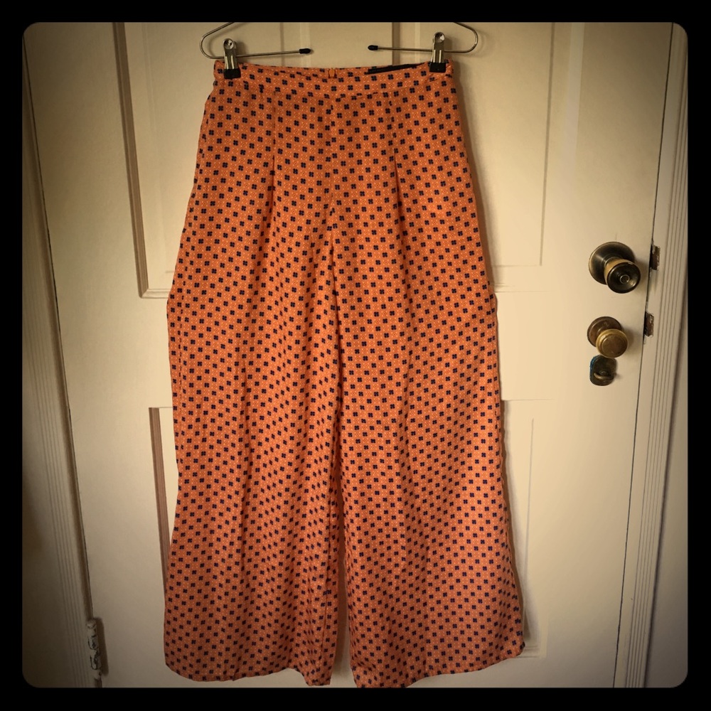 Zara Silky Orange Pattern Wide Leg Palazzo Pant