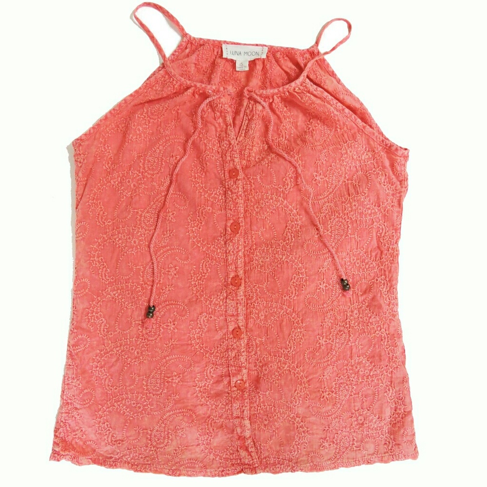 Luna Moon Embroidered Pale Orange Tank Top