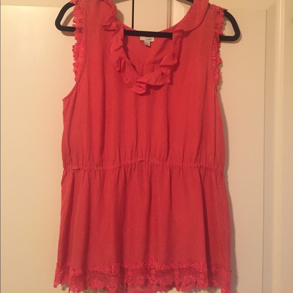 Anthropologie coral ruffle lace top