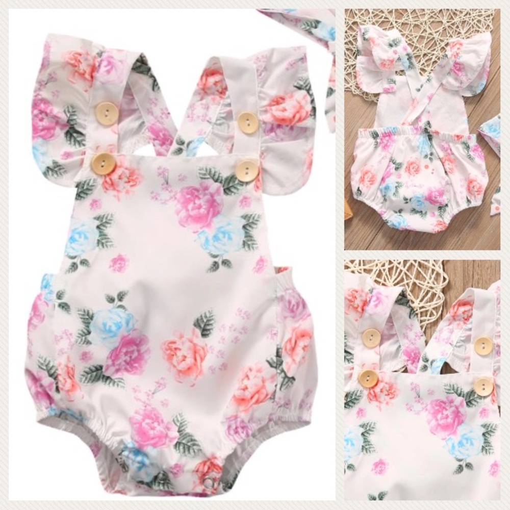 White Floral Button-Front Frilly Ruffle Romper