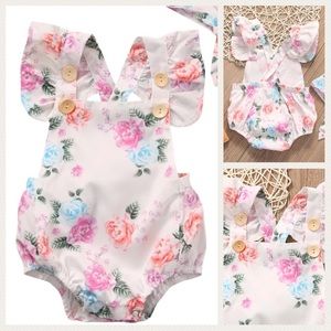 White Floral Button-Front Frilly Ruffle Romper