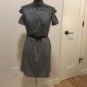 Gingham plaid off-the-shoulder dress.