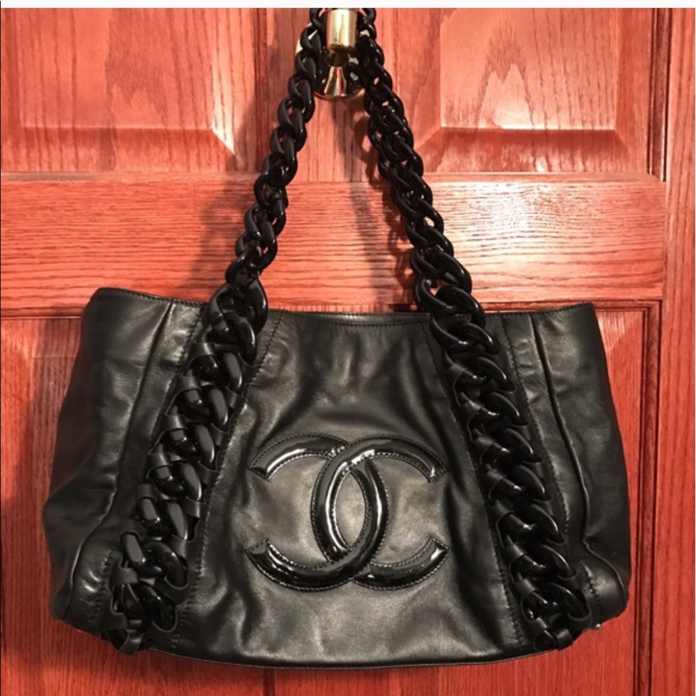 Authentic Chanel Black Leather Handbag Chain Strap