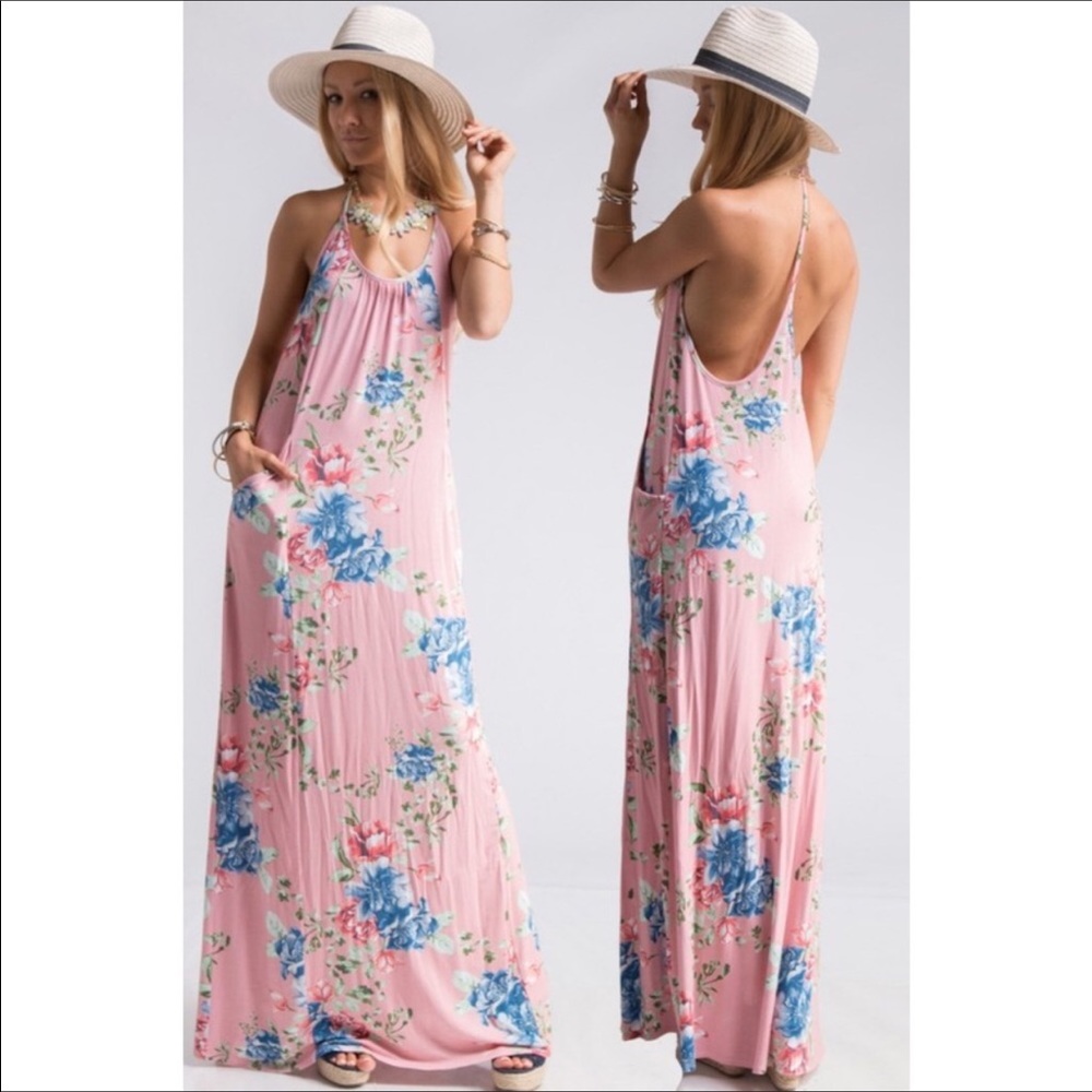 Floral print t strap back maxi dress w/pocket. NWT