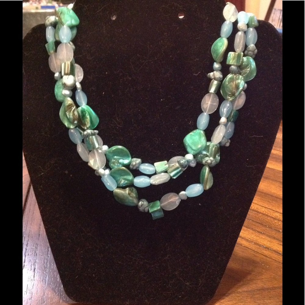 Three tiered multi shade green sea glass necklace