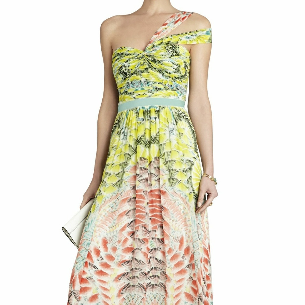 BCBGMazAzria Inga One-Shoulder Printed Silk Gown