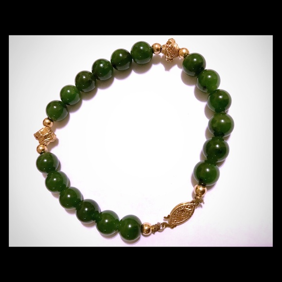 GORGEOUS VINTAGE JADEITE BEAD BRACELET 14K GOLD - Picture 1 of 6