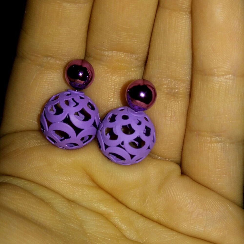 Purple double sided earrings front back, two sided