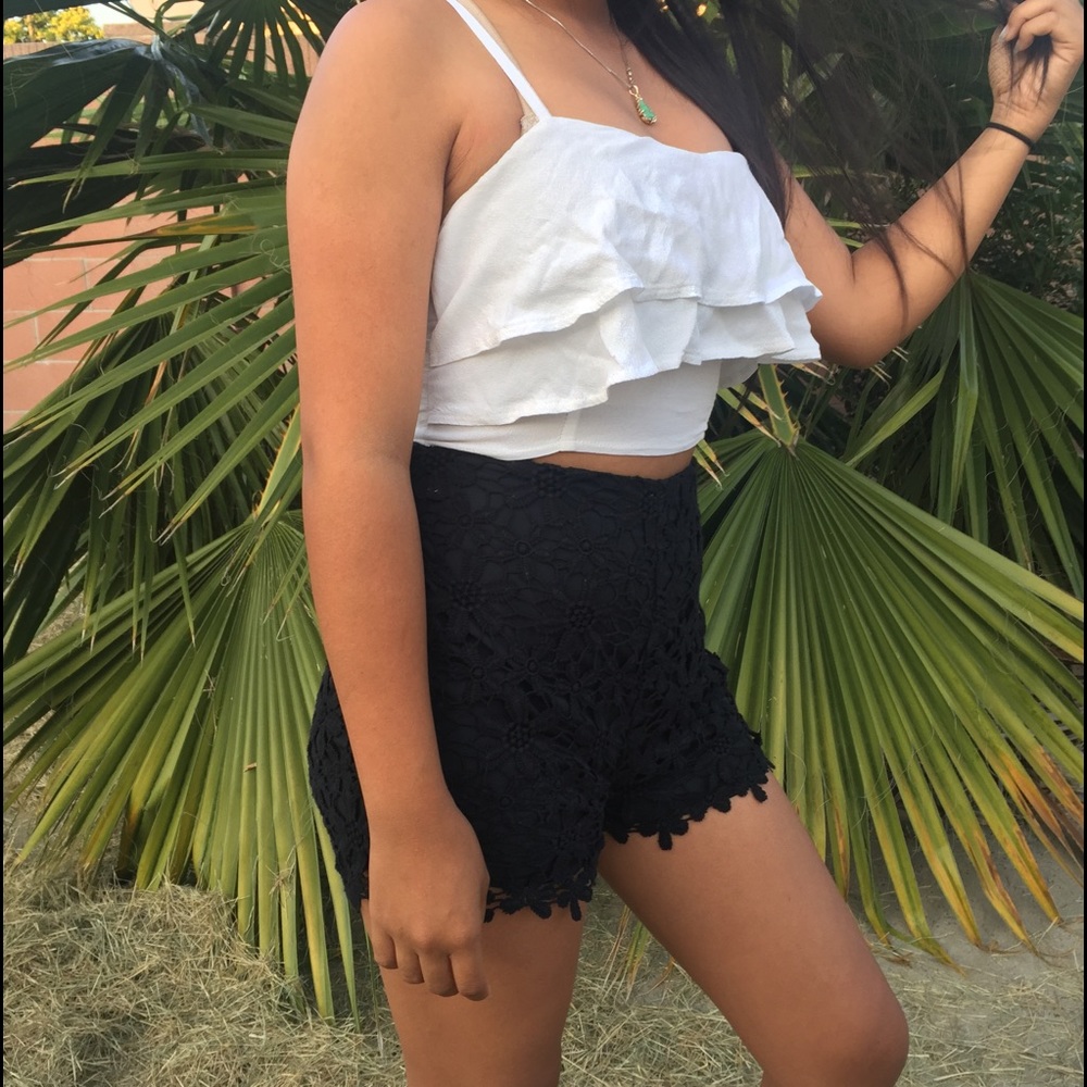 Black High Waisted Flower Lace Shorts