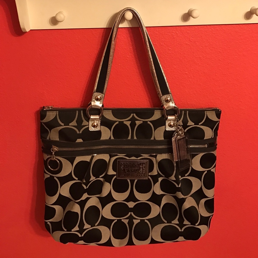 Black and silver Coach Poppy tote