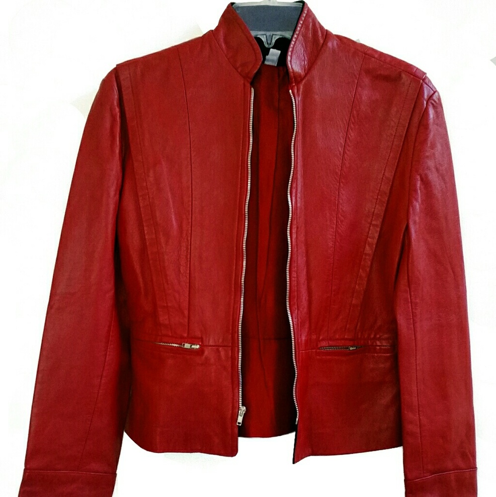 Genuine Lambskin Womens Sz 4 Red Leather Biker Jac