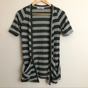 Green + Gray Stripe Short Sleeve Cardigan