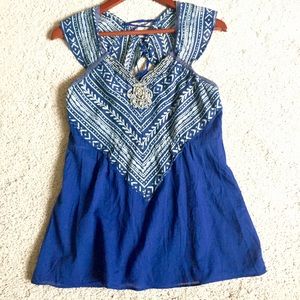 {Free People} Bead Embellished Blue Tunic Tank Top