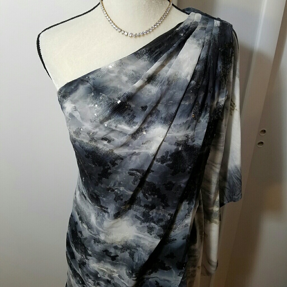 Badgley Mischka One Shoulder Caftan Sheath Dress - Picture 2 of 8