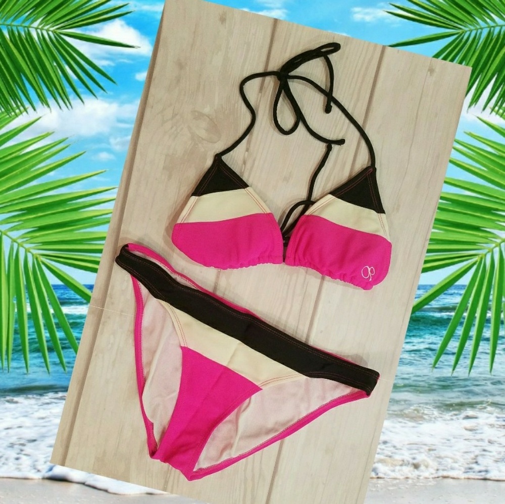Hot Pink, Black, and White String Bikini