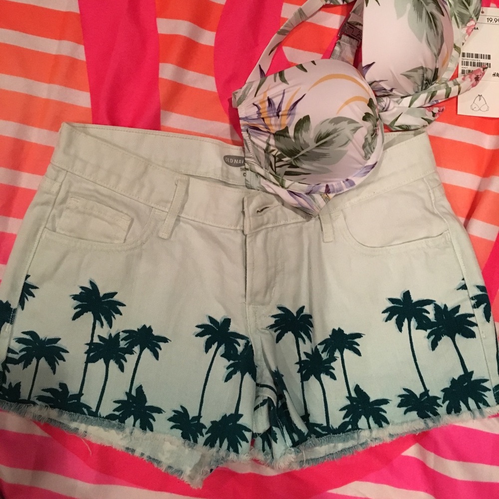 white denim cut off's, palm tree print