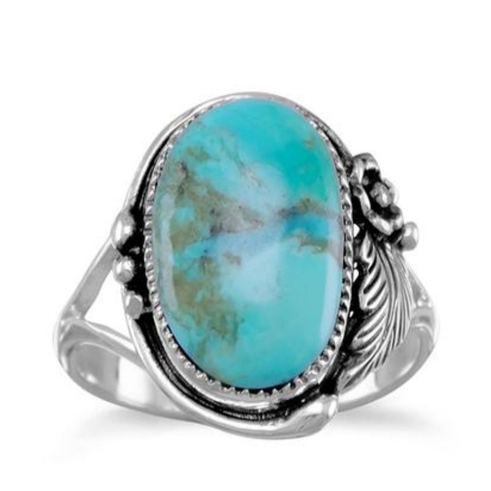 OVAL RECONSTITUTED TURQUOISE FLORAL DESIGN RING