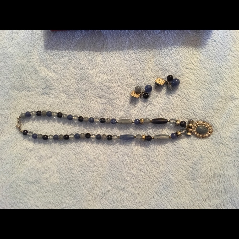 Necklace, earring set, blue, greens and black.