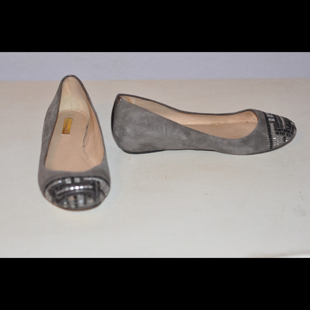 Gray suede flat with silver and black jewel toe
