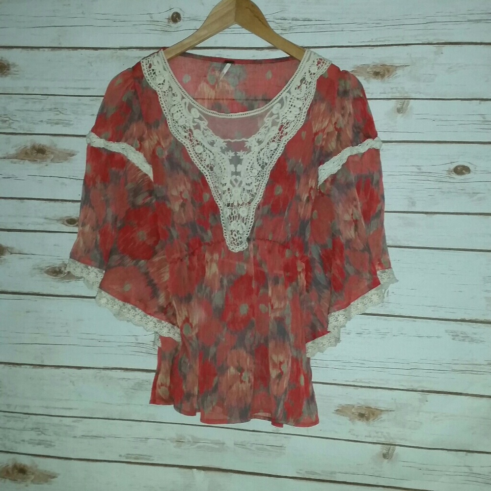 Free people red floral blouse with crochet detail