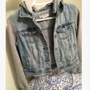 Hooded jean jacket with grey sleeves