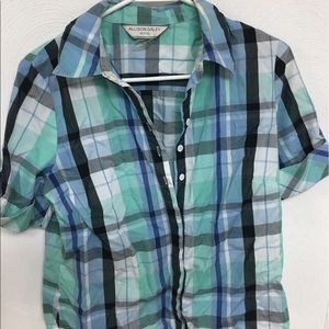 Green & blue plaid button down casual dress shirt.