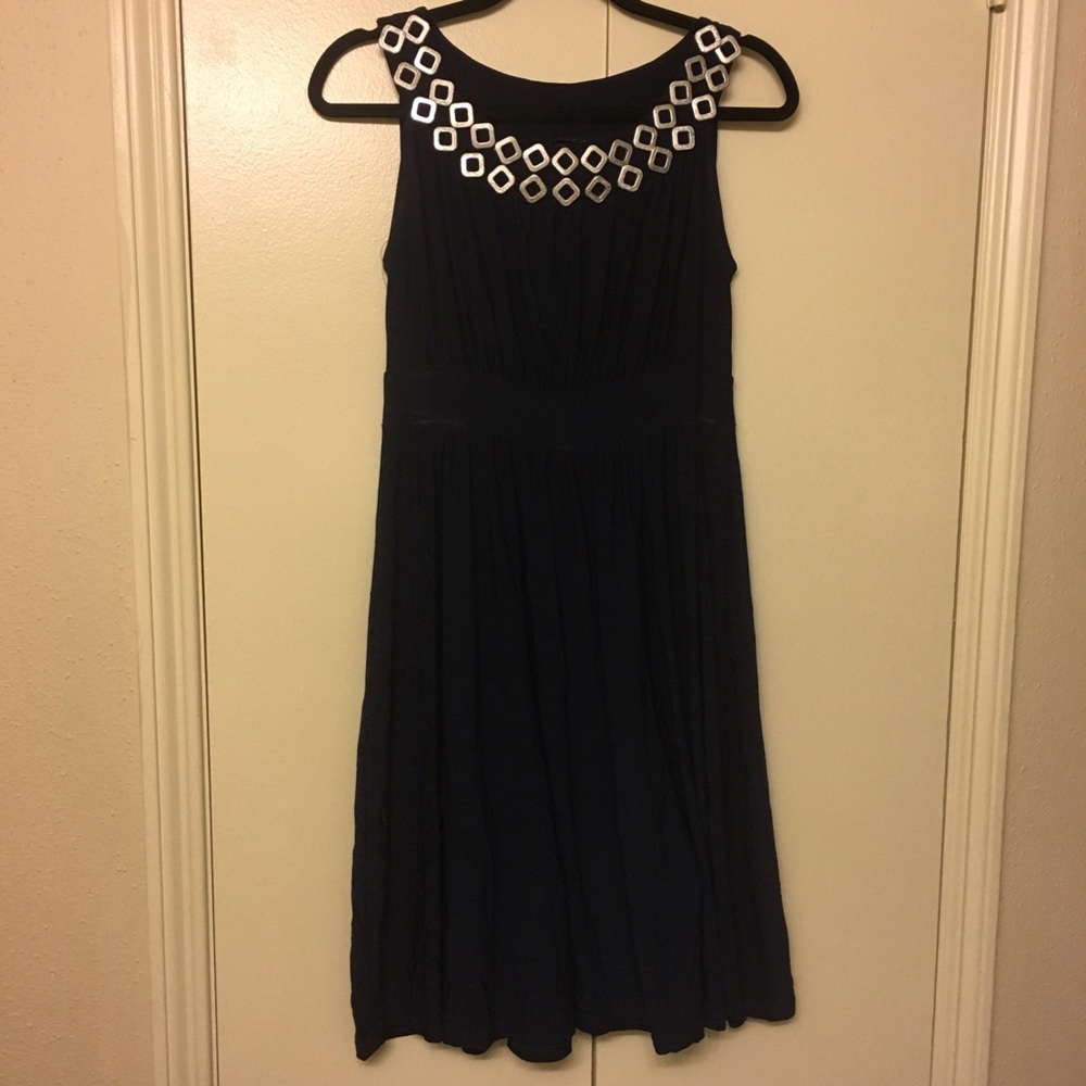 Navy Blue Cocktail Dress w/ silver neck detail