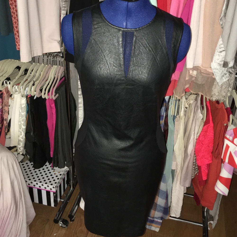 Faux black leather & sheer mini dress