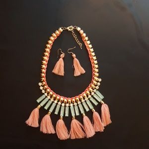 Beautiful Pink Tassel and Blue Necklace Set