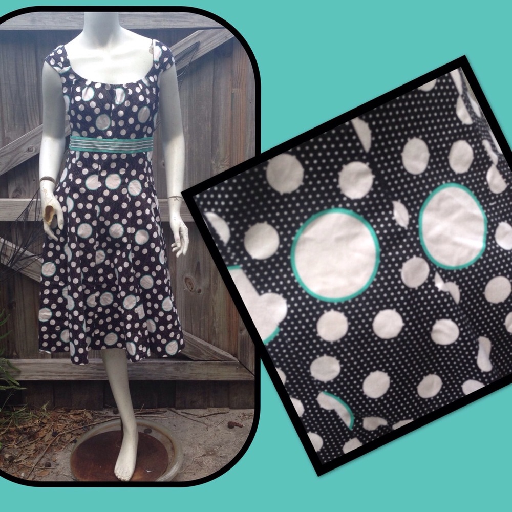 Maggy L London Black White Aqua Polka Dot Dress 14