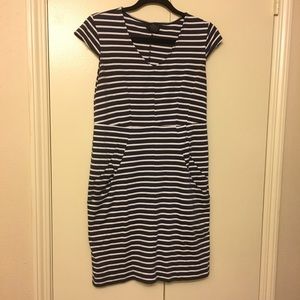 Navy and white striped dress with pockets
