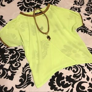Agaci Lime Green & Gold Trimmed Blouse