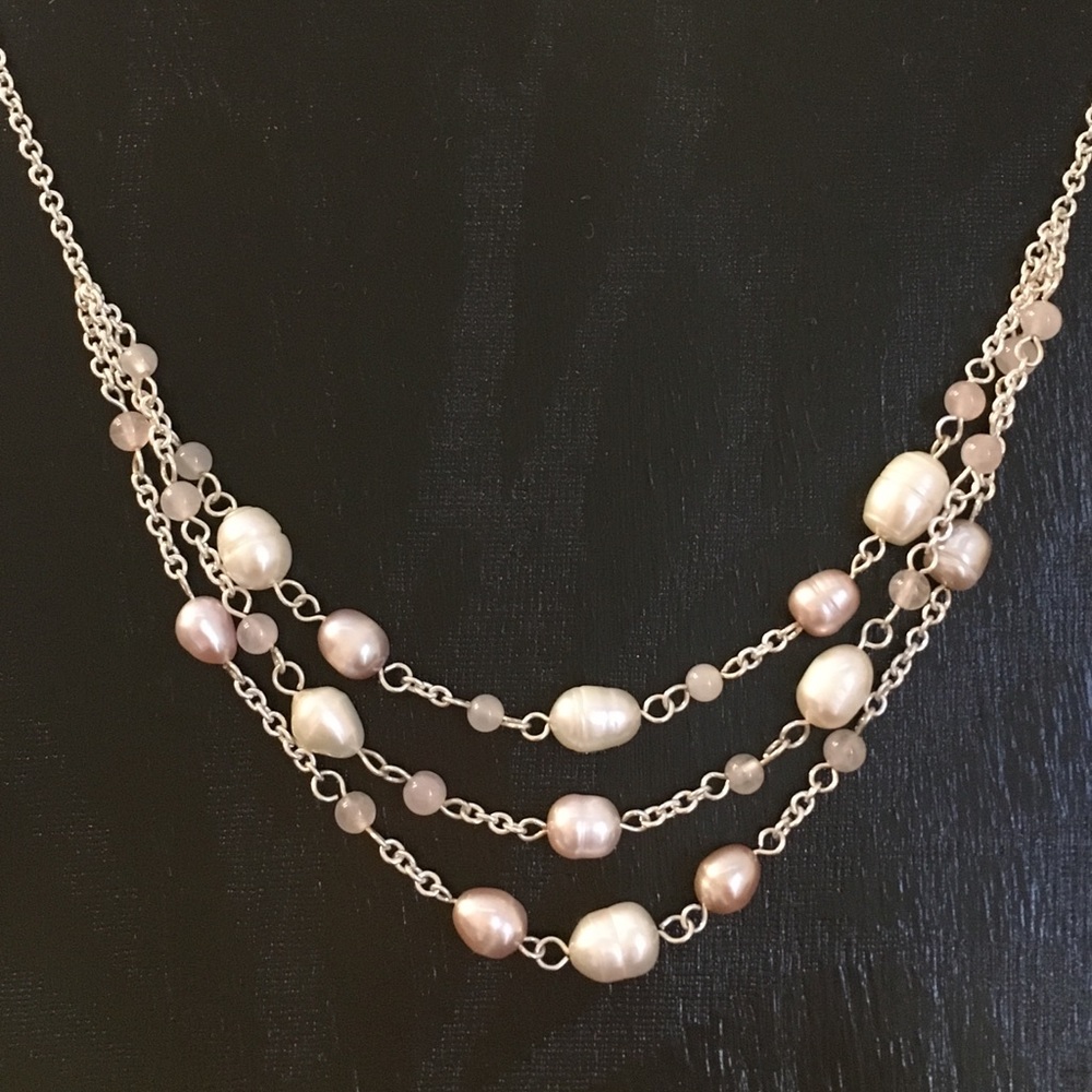 SS Triple Row Pink/White Freshwater Necklace