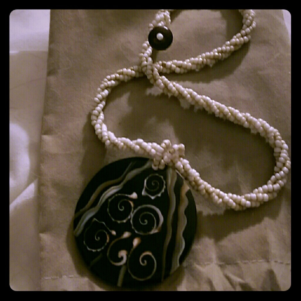 Inlaid resin and MOP seed beads necklace
