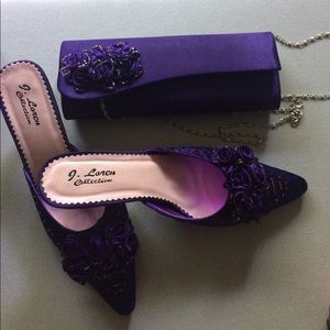 Purple satin, slip on backless shoes