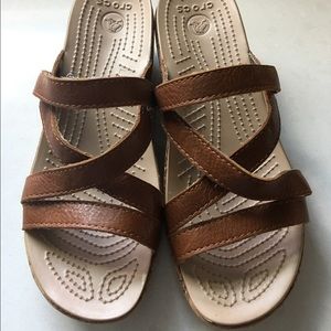 Croc leather slides with cork wedge. Never worn