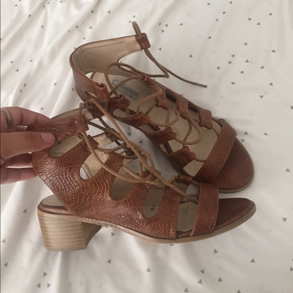 snake skinned lace up  leather heeled sandals