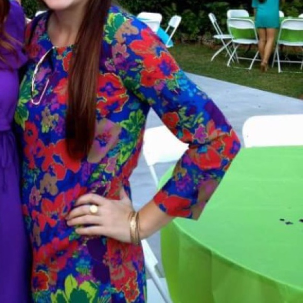 Floral J Crew 3/4 dress, red-green-purple-blue