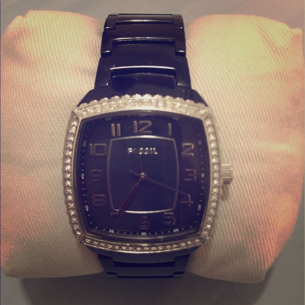 Fossil black watch with crystals