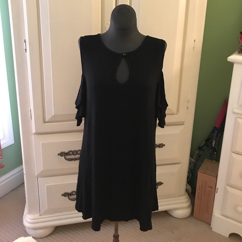 Black Cold Shoulder Ruffle TShirt Dress