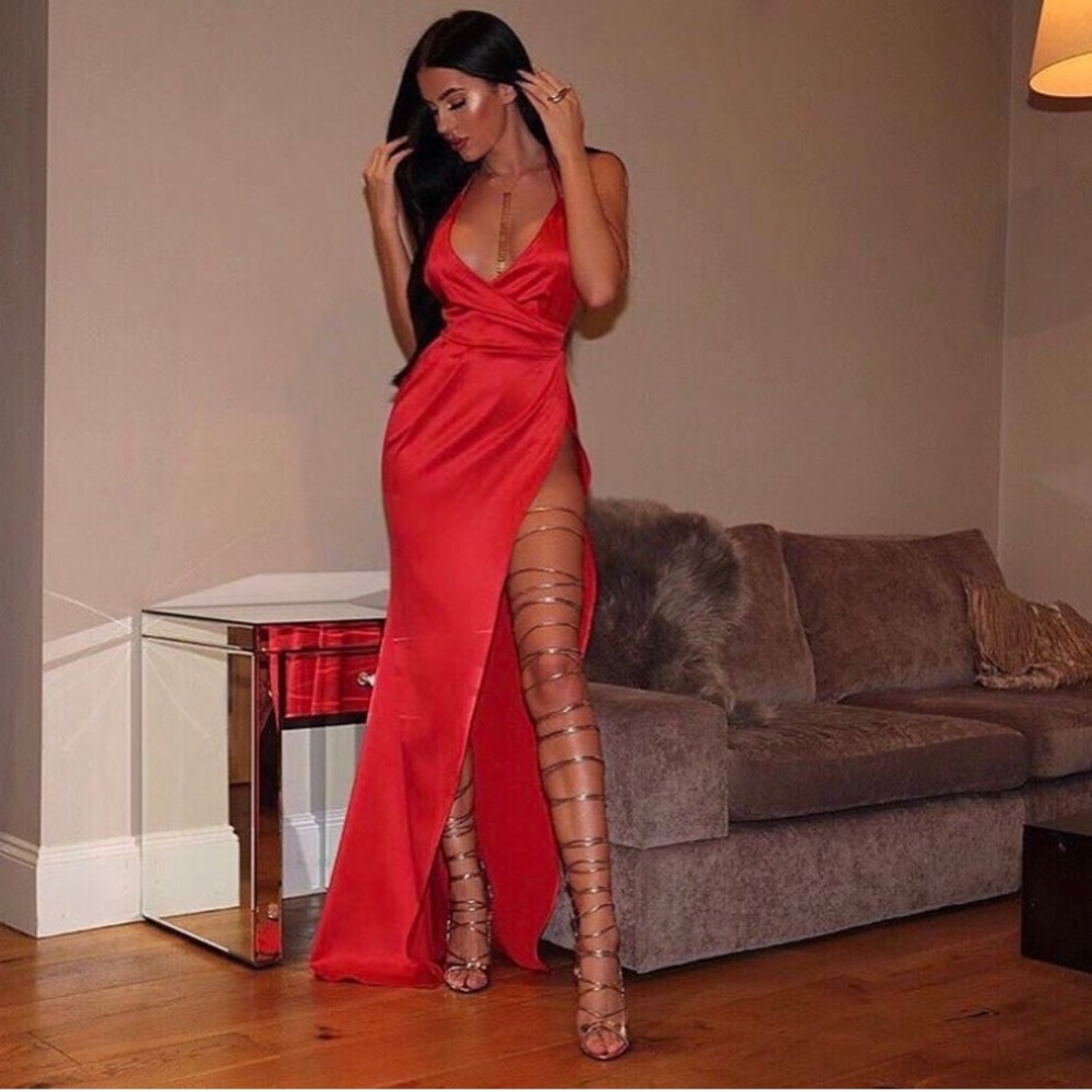 Red long gown/ dress with a very high slit