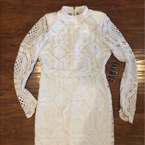 White Long Sleeved Fitted Lace Dress