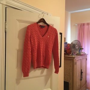Ralph Lauren: Cotton, coral colored v-neck sweater