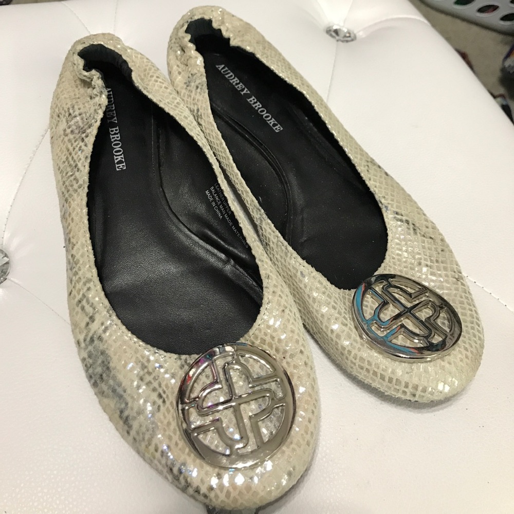 Iridescent snake skin flats with silver medallion
